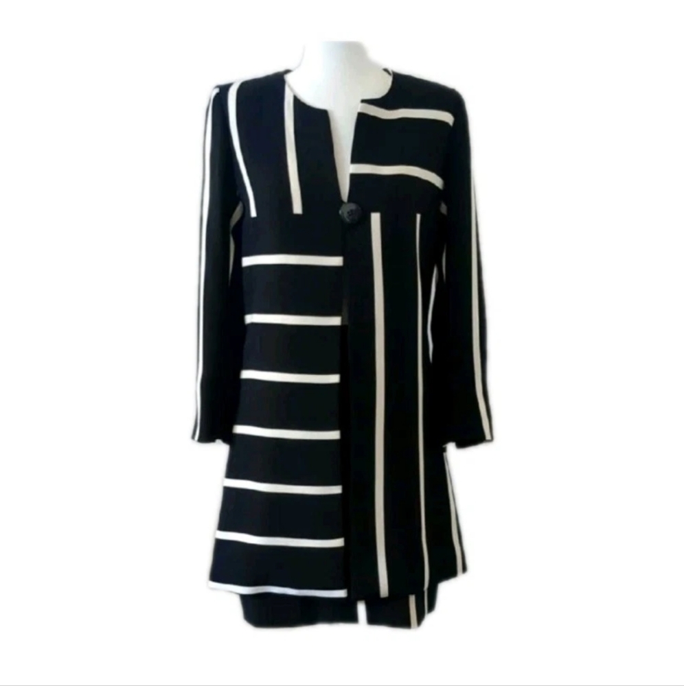 Weill Black and White Striped Long Coat Size 6 and Skirt Size 12